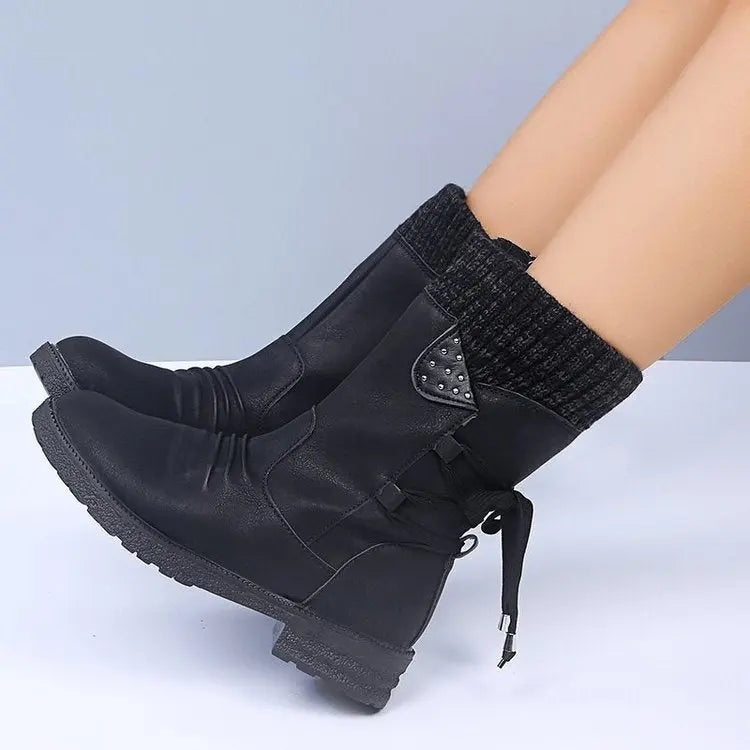 Bottes d'Hiver À Lacets Pour Femmes Amawinc En Suède Avec Doublure Chaude Mi-Mollet Chic et Confortables