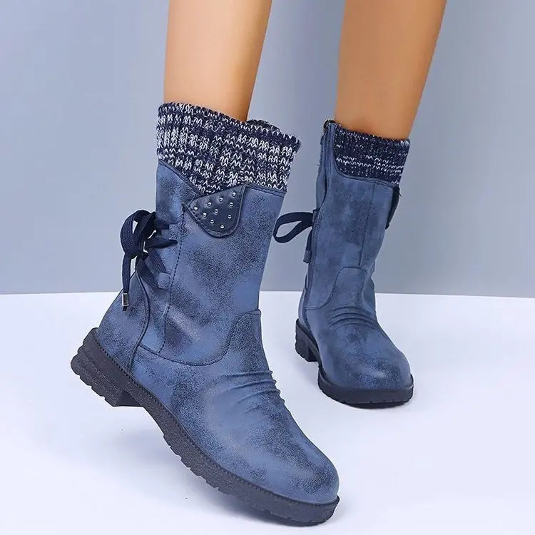 Bottes d'Hiver À Lacets Pour Femmes Amawinc En Suède Avec Doublure Chaude Mi-Mollet Chic et Confortables