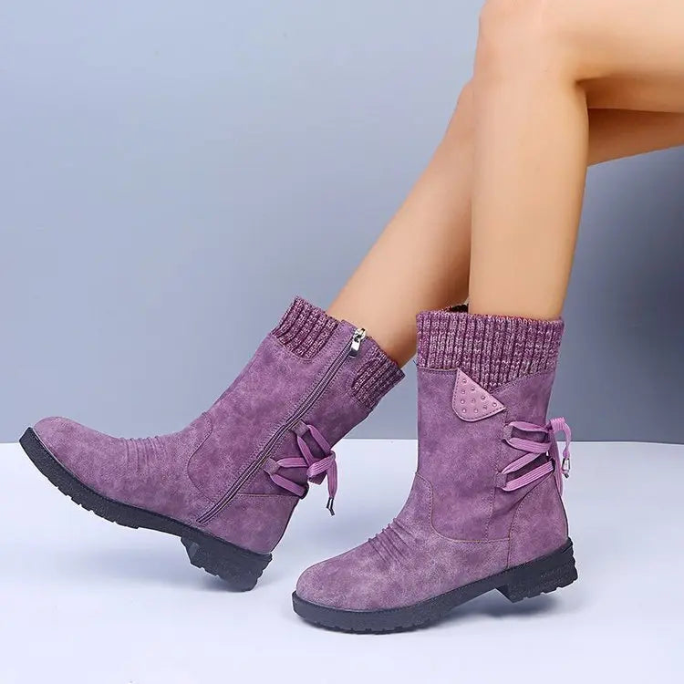 Bottes d'Hiver À Lacets Pour Femmes Amawinc En Suède Avec Doublure Chaude Mi-Mollet Chic et Confortables