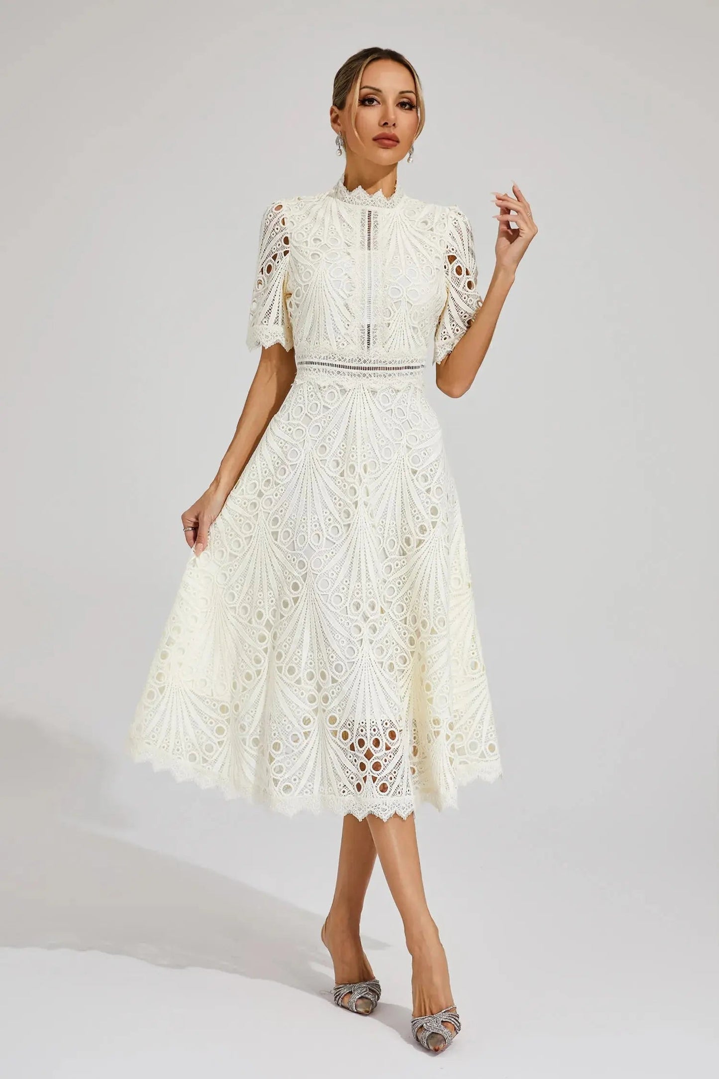 Robe Midi en Dentelle pour Femme Élégante et Intemporelle pour Mariage et Réception Amawinc