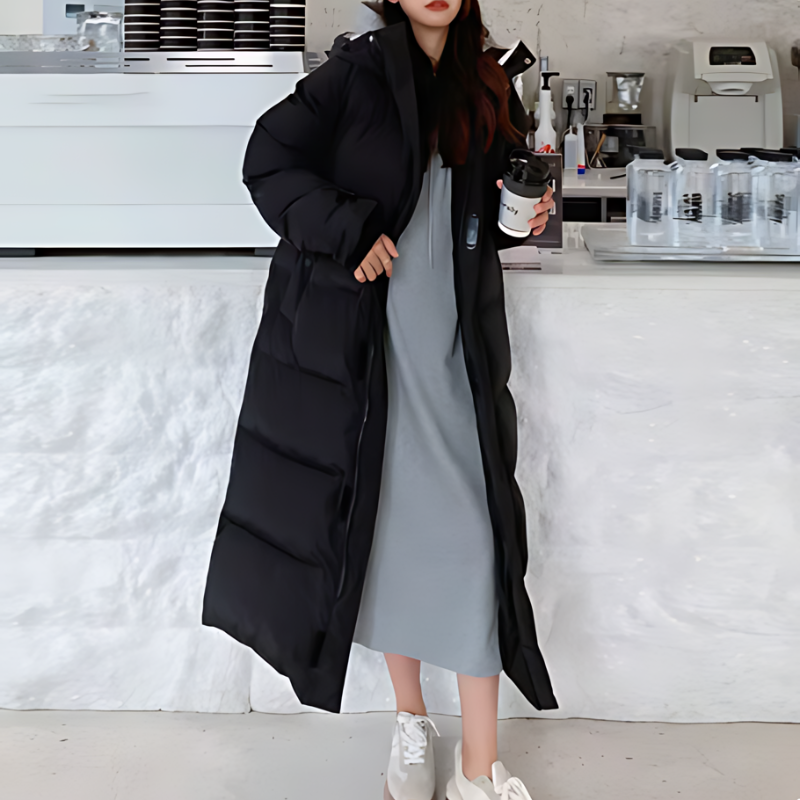 Belvia Slim Fit Long Quilted Puffer Jacket with Hood