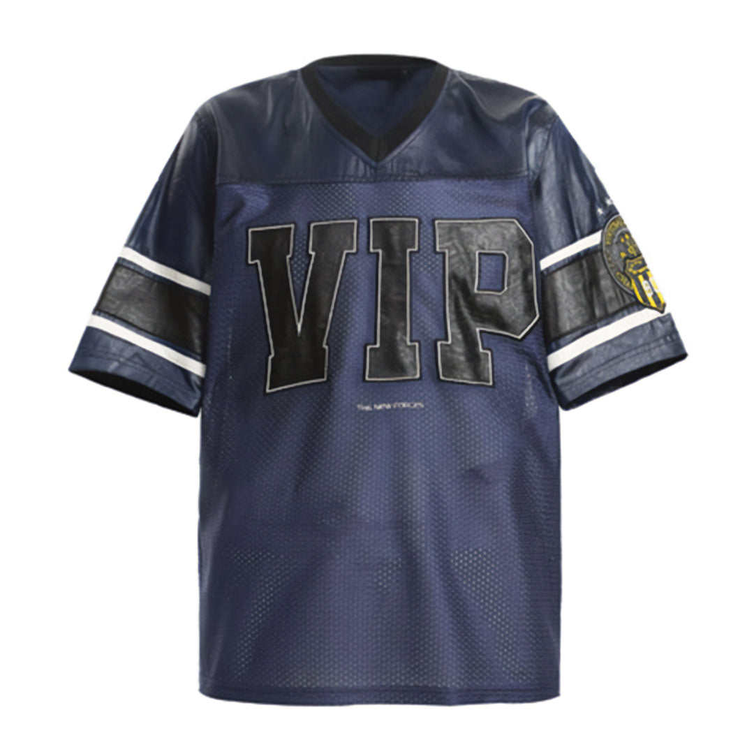 Maillot En Cuir Végétalien Red Zone Avec Maille Respirante Patch VIP Brodé Et Manches Rayées