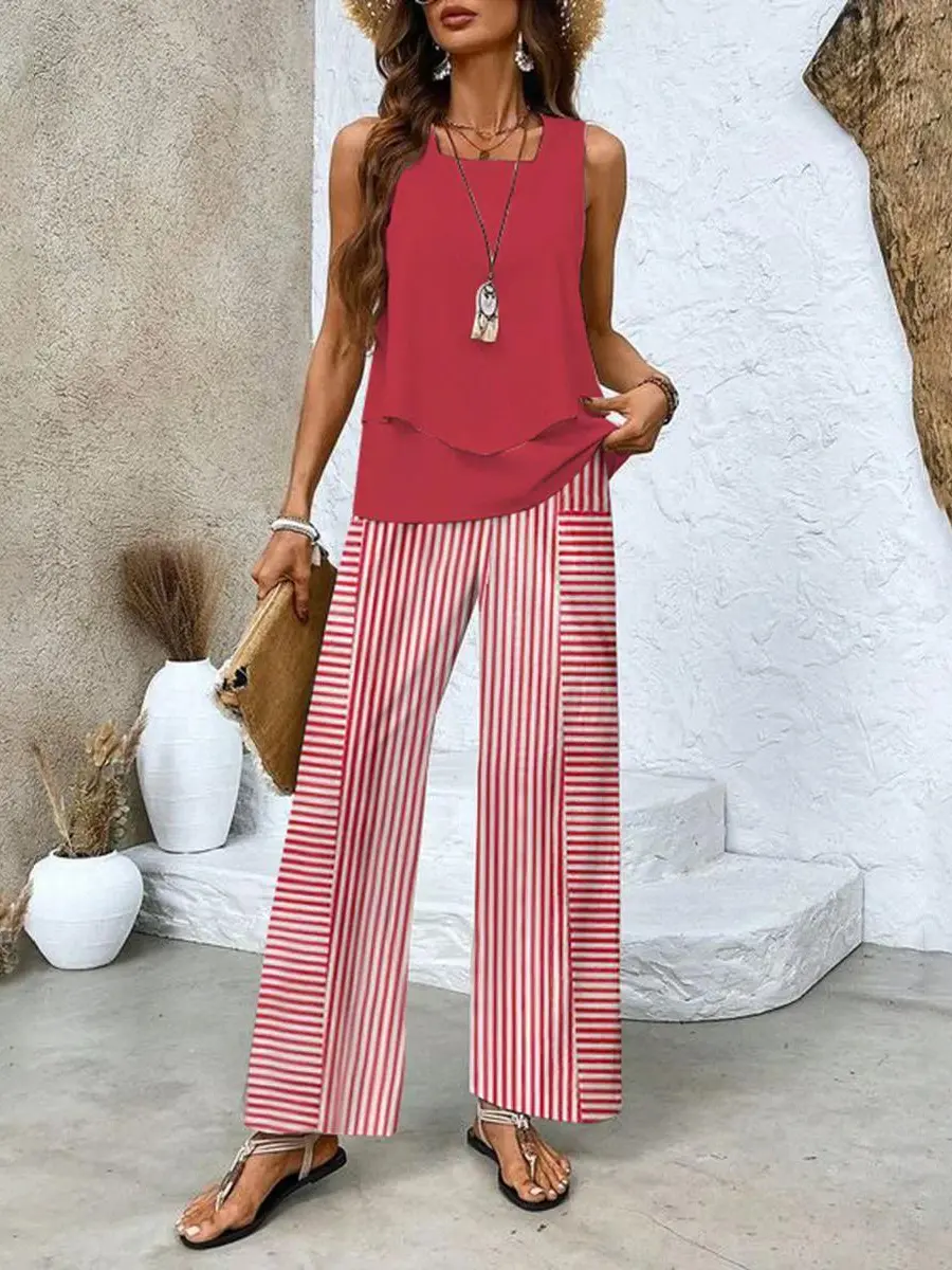 Ensemble Haut Superposé Et Pantalon Large Pour Femmes Taille Plus Élégance Estivale Sans Effort