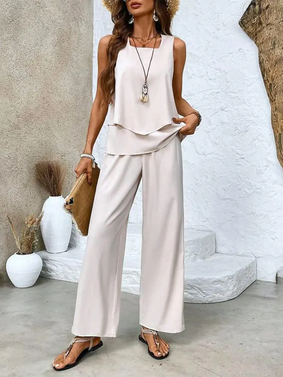 Ensemble Haut Superposé Et Pantalon Large Pour Femmes Taille Plus Élégance Estivale Sans Effort