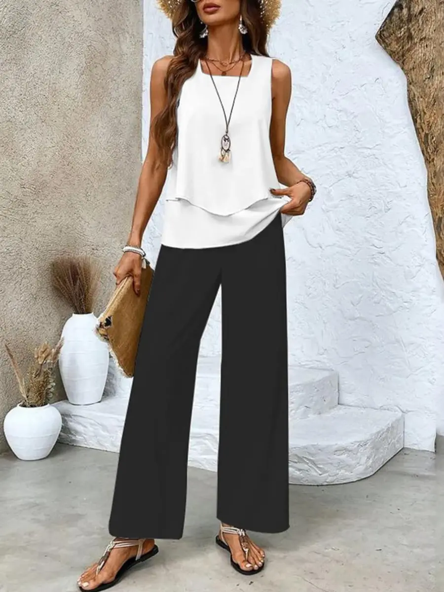 Ensemble Haut Superposé Et Pantalon Large Pour Femmes Taille Plus Élégance Estivale Sans Effort