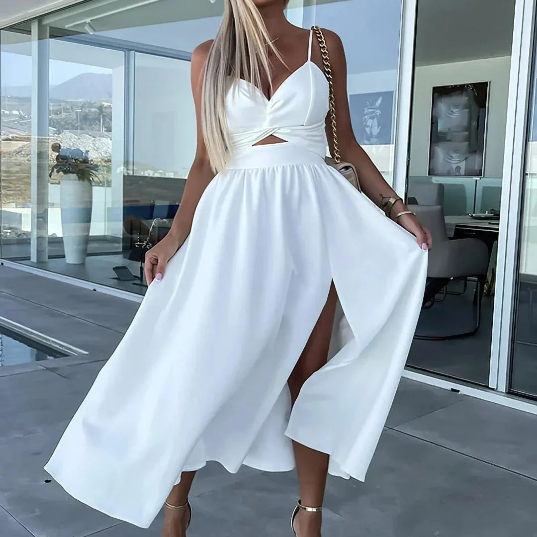 Robe Midi Aux Bretelles Spaghetti Avec Twist Avant Et Ouverture Au Milieu Du Ventre Pour Vacances Et Soirées