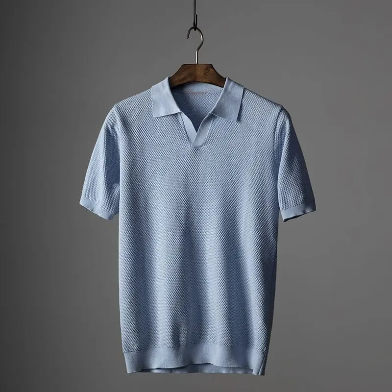 Polo Lennox en Maille Texturée à Col Ouvert et Patte V Manches Courtes Coupe Décontractée