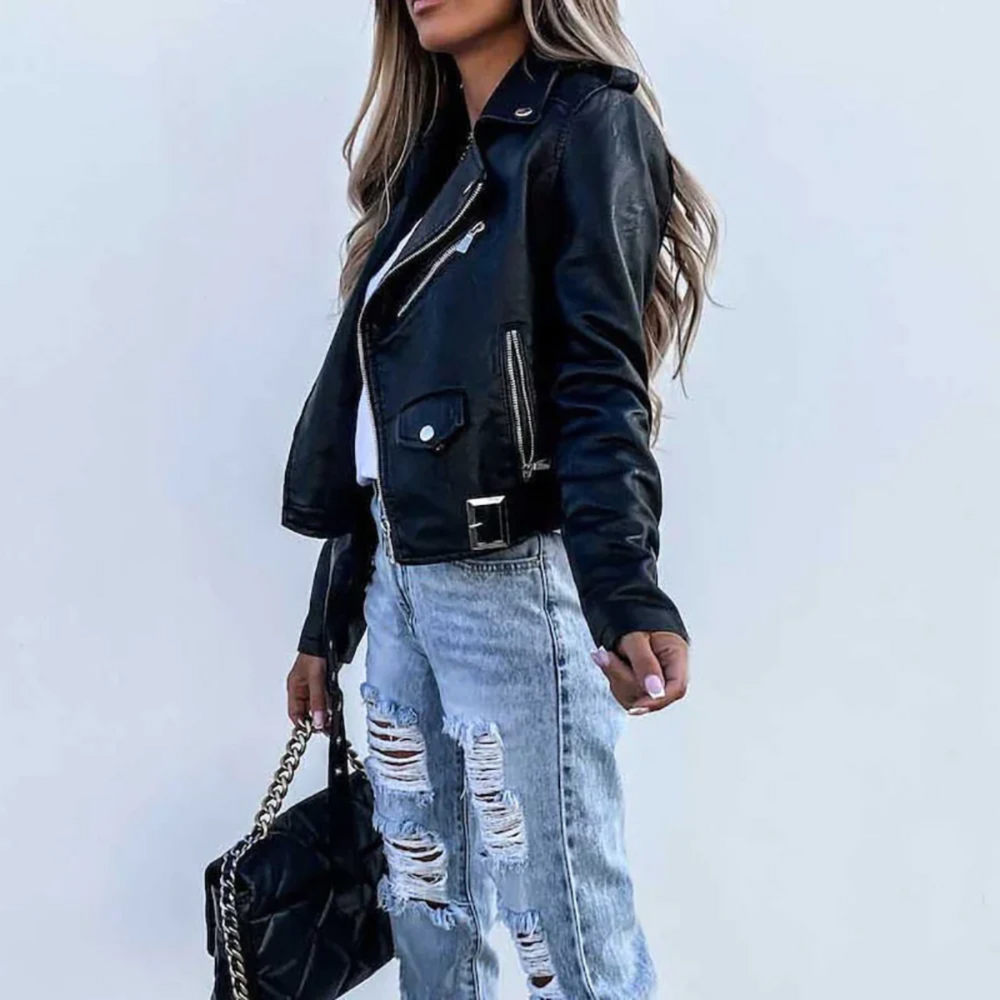 Amawinc Veste Biker Femme Cuir Végétal Slim Fit Avec Zip Asymétrique Et Ceinture