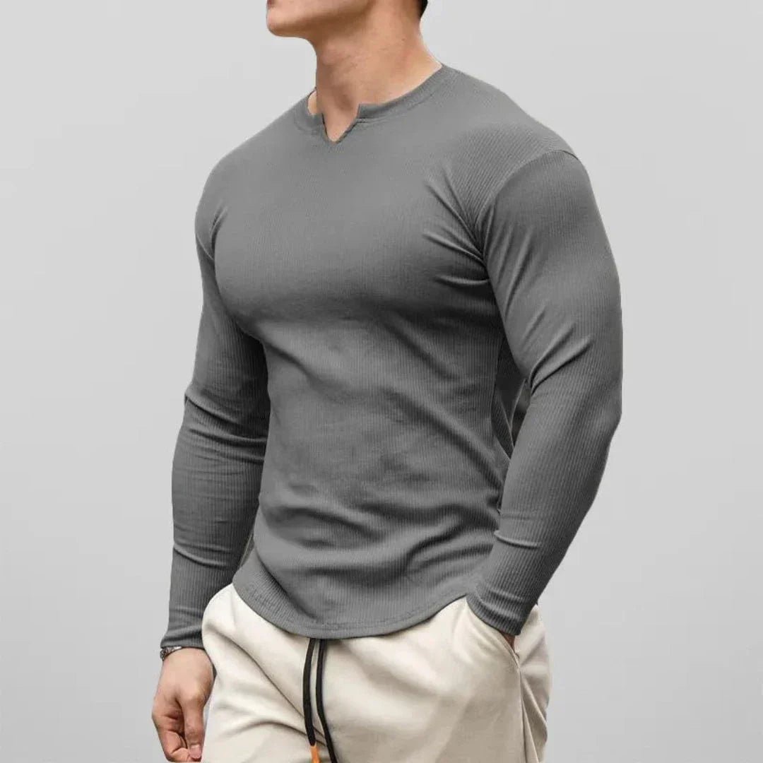 Chemise Henley Homme En Coton À Manches Longues Coupe Slim Col En V Texture Côtée Waylynn Liam