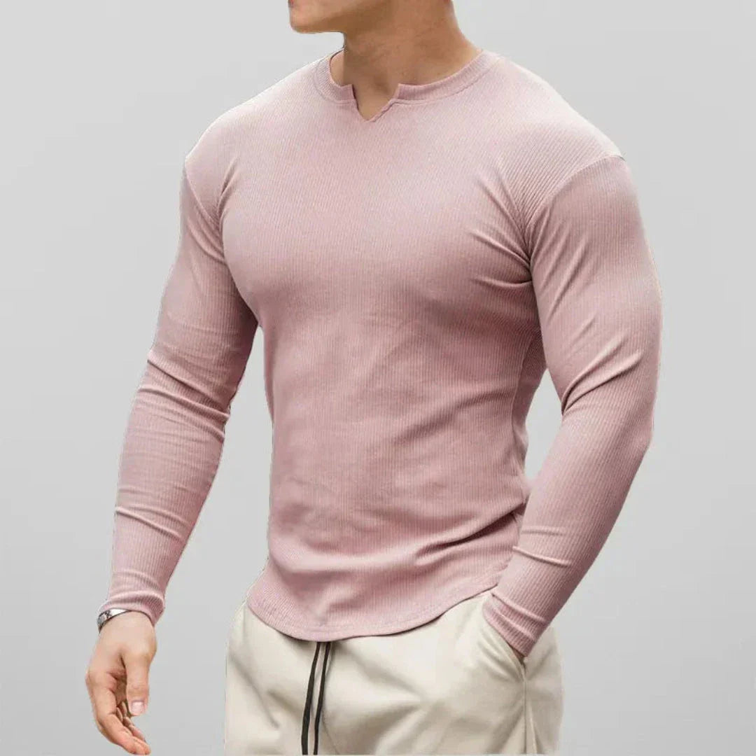 Chemise Henley Homme En Coton À Manches Longues Coupe Slim Col En V Texture Côtée Waylynn Liam