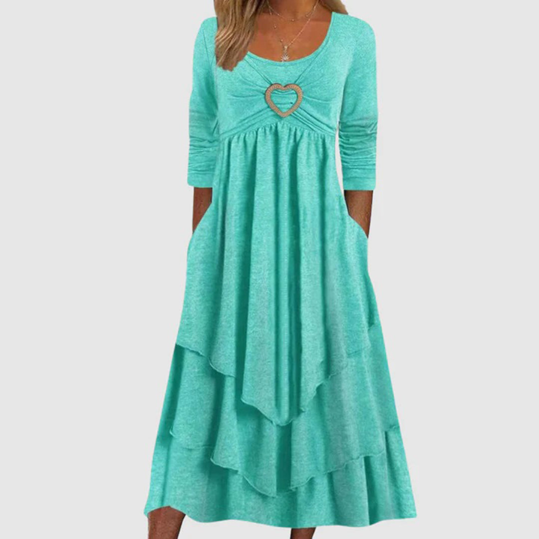 Robe Maxi Femme À Couches Avec Encolure En Cœur Et Manches Trois Quarts Coupe Décontractée