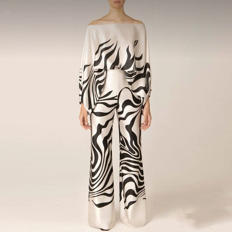 Ensemble Femme En Soie Mélange Décontracté Blouse À Une Épaule Pantalon Large Élégant Et Chic