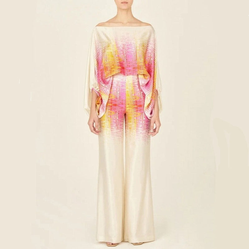 Ensemble Femme En Soie Mélange Décontracté Blouse À Une Épaule Pantalon Large Élégant Et Chic