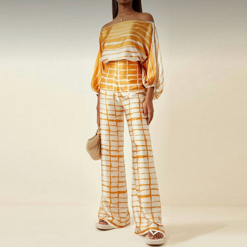 Ensemble Femme En Soie Mélange Décontracté Blouse À Une Épaule Pantalon Large Élégant Et Chic