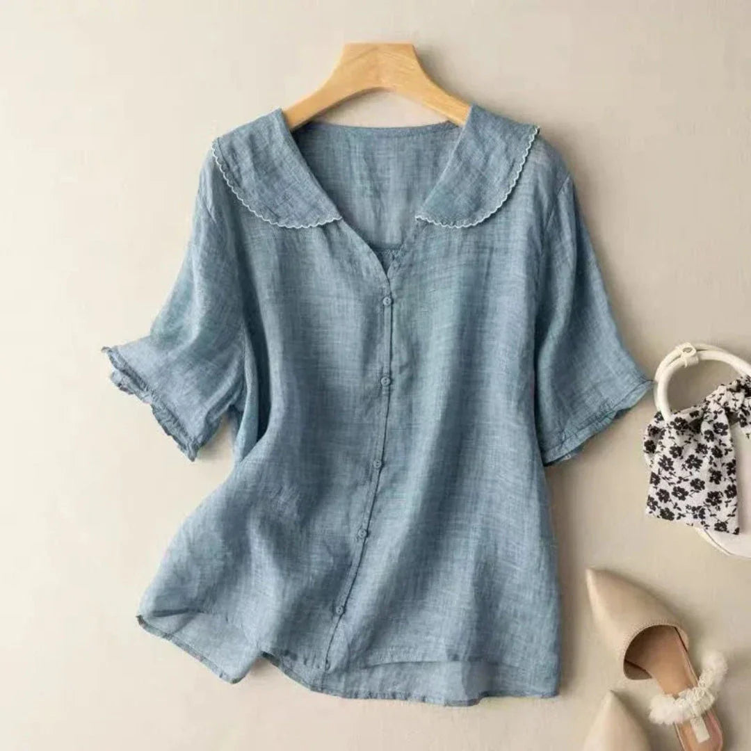 Blouse Lily En Lin Avec Décolleté En V Et Bords Scallopés Coupe Ample Et Polyvalente Pour Tous Les Jours