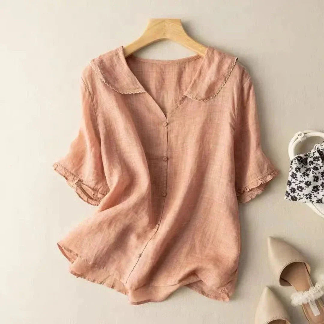 Blouse Lily En Lin Avec Décolleté En V Et Bords Scallopés Coupe Ample Et Polyvalente Pour Tous Les Jours