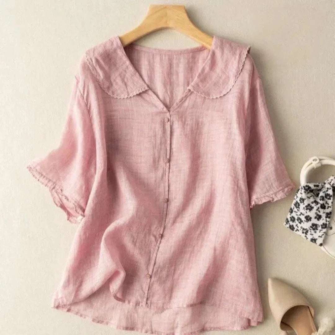 Blouse Lily En Lin Avec Décolleté En V Et Bords Scallopés Coupe Ample Et Polyvalente Pour Tous Les Jours