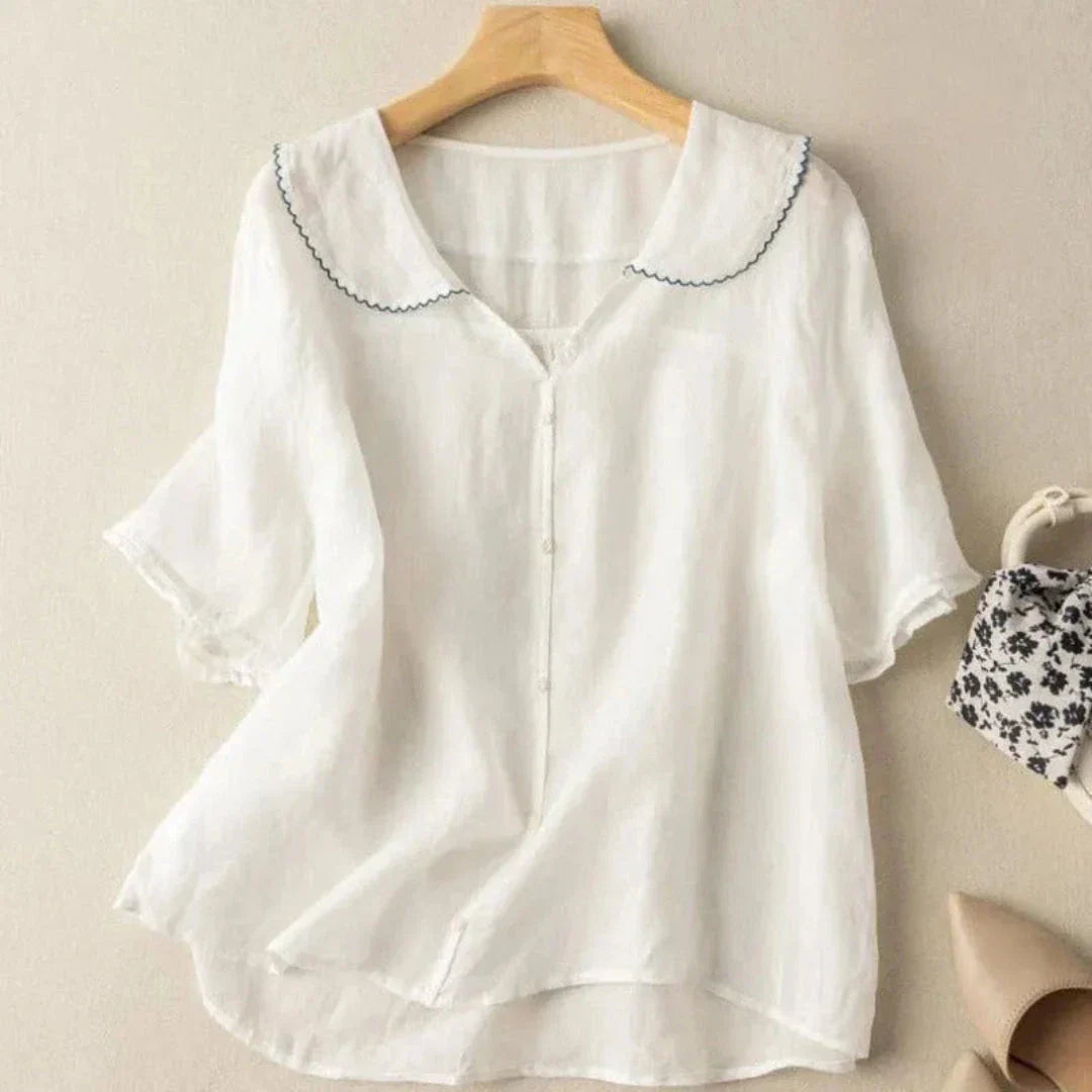 Blouse Lily En Lin Avec Décolleté En V Et Bords Scallopés Coupe Ample Et Polyvalente Pour Tous Les Jours