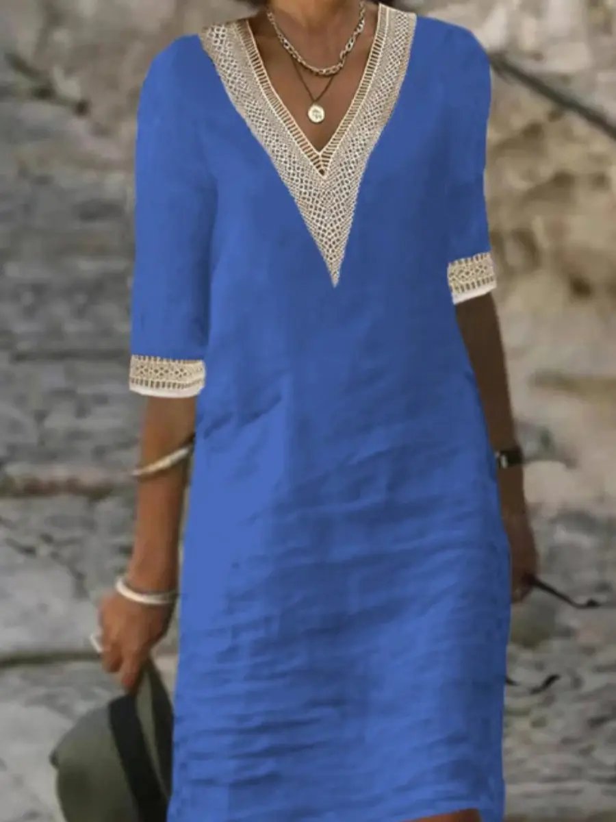 Robe En Lin Mélangé À Encolure En V Pour Femme Confortable Et Chic Été Décontracté Week End Polyvalente