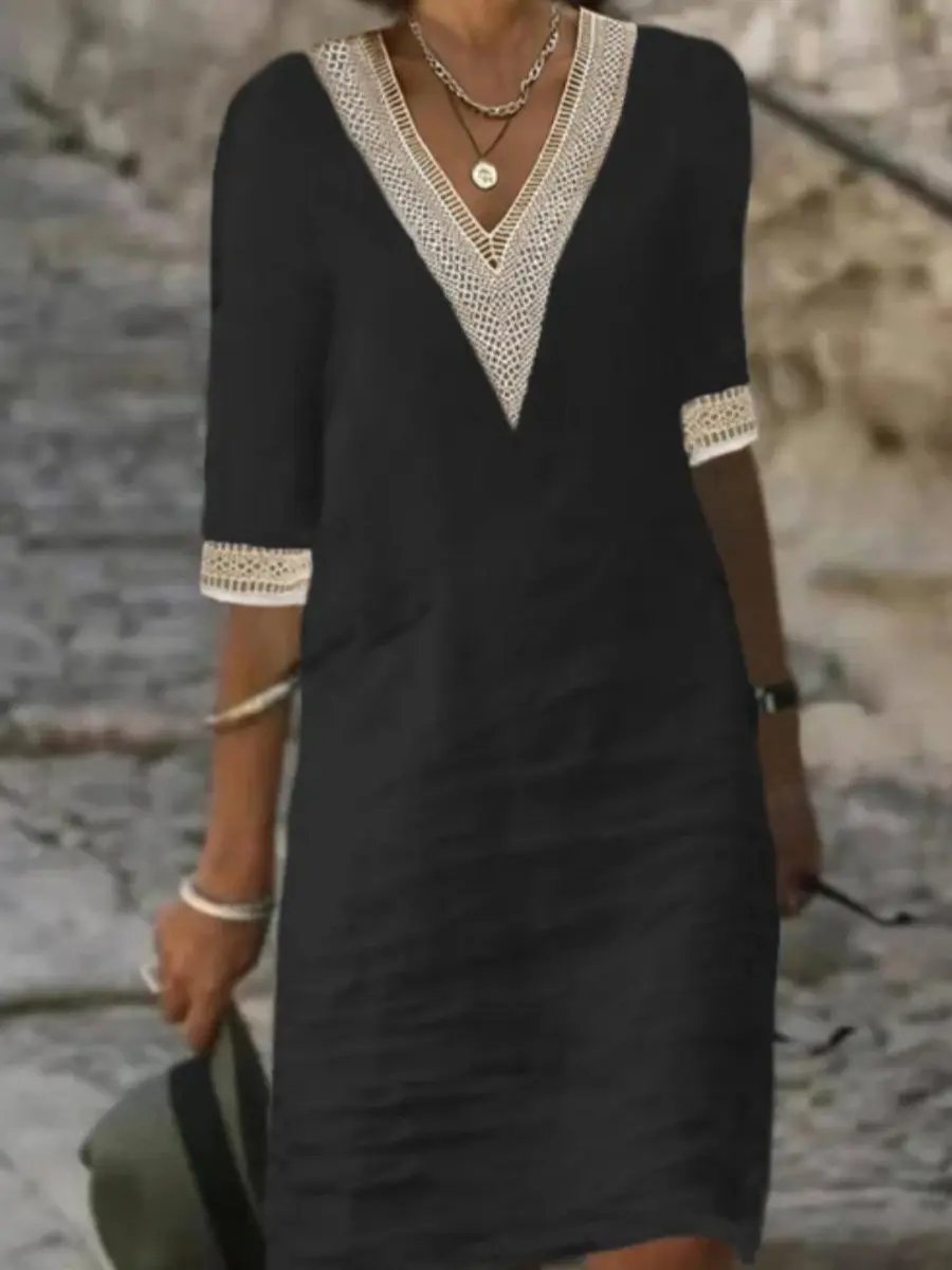 Robe En Lin Mélangé À Encolure En V Pour Femme Confortable Et Chic Été Décontracté Week End Polyvalente