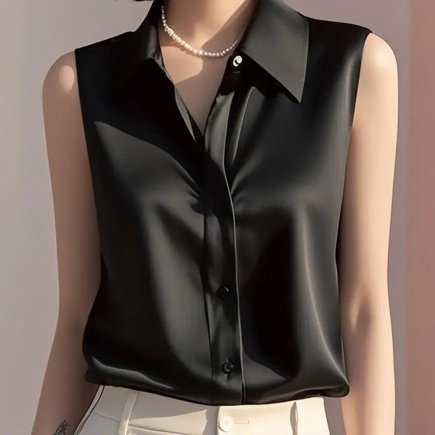 Blouse Satin À Boutons Liora Sans Manches Avec Col Classique Pour Été Élégante Et Polyvalente