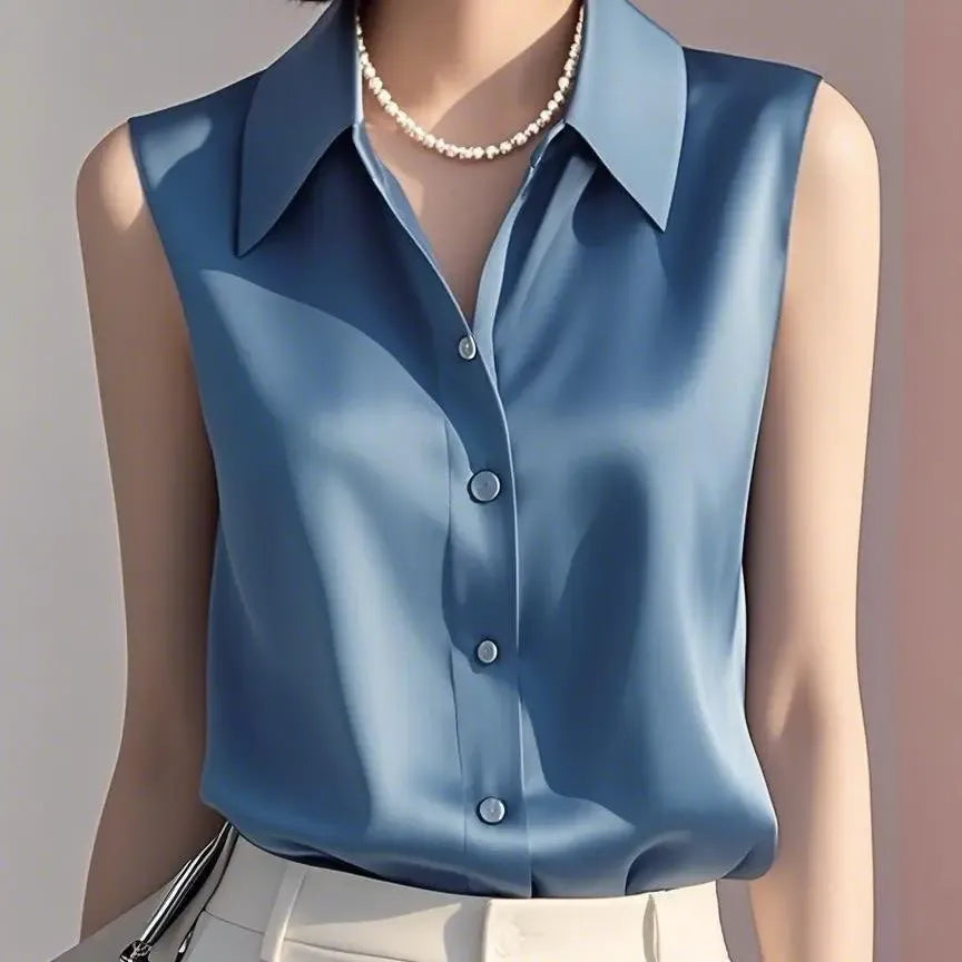 Blouse Satin À Boutons Liora Sans Manches Avec Col Classique Pour Été Élégante Et Polyvalente