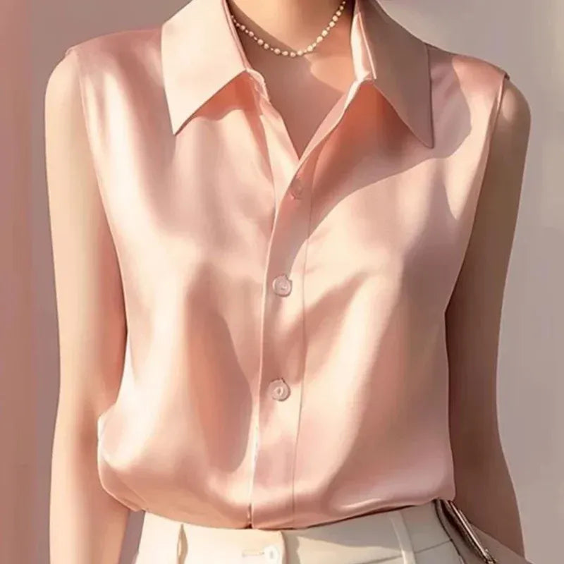 Blouse Satin À Boutons Liora Sans Manches Avec Col Classique Pour Été Élégante Et Polyvalente