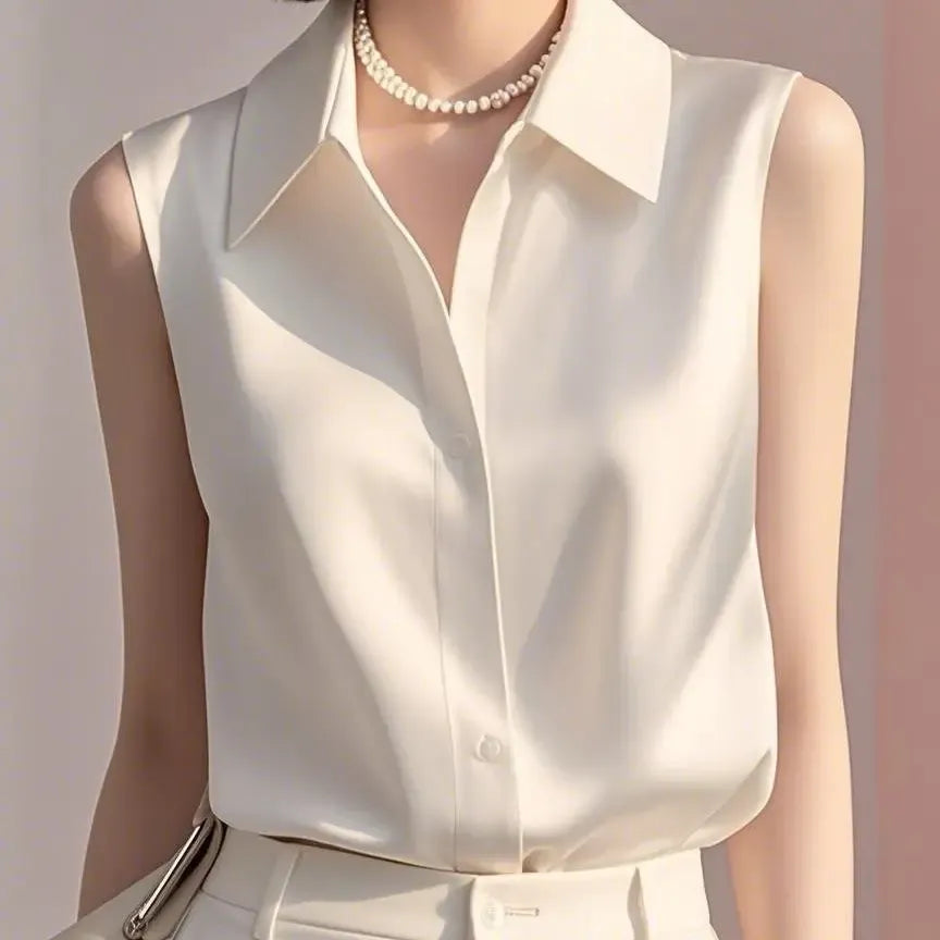 Blouse Satin À Boutons Liora Sans Manches Avec Col Classique Pour Été Élégante Et Polyvalente