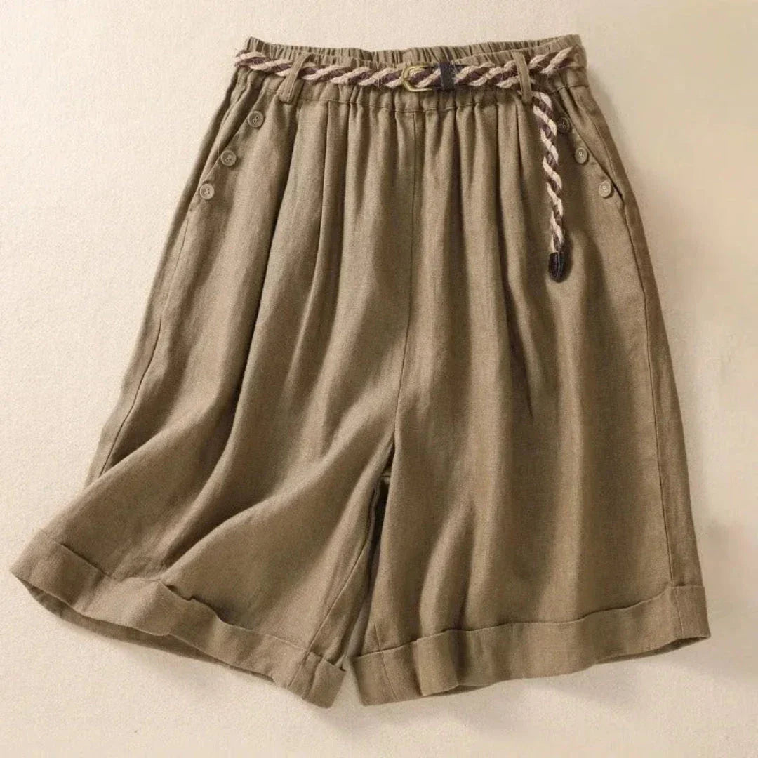 Shorts En Lin Boutonnés Avec Ceinture En Corde Pour Ete Confortables Et Décontractés
