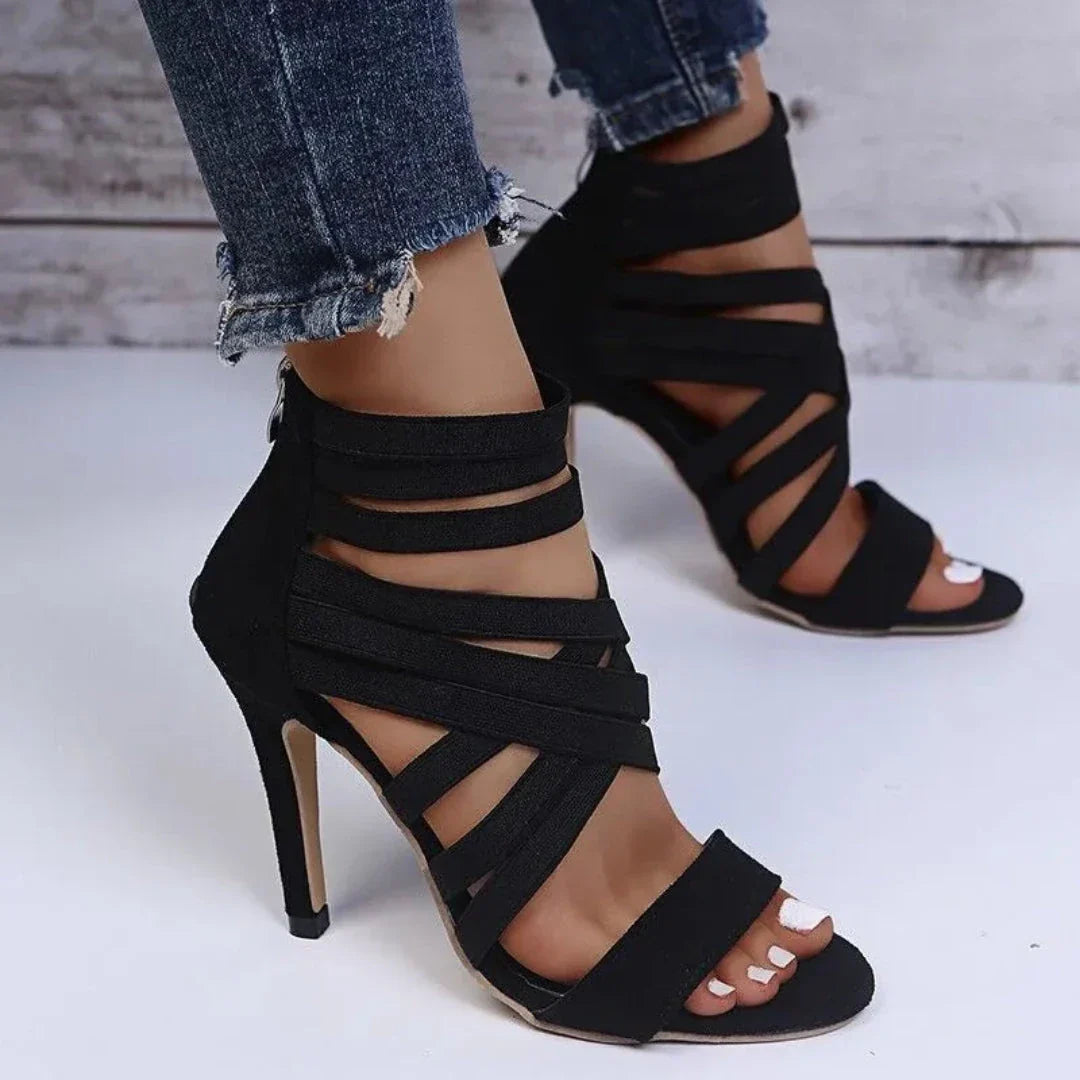 Sandales À Talons Hauts Lisa En Suède Noires Avec Lanières Découpées Et Zip Arrière