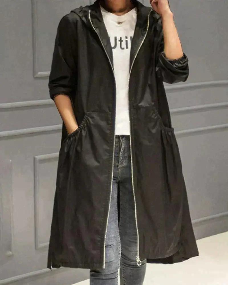 Long Manteau Imperméable Pour Femme Avec Capuche Et Fermeture Éclair Complète Résistant Aux Intempéries Élégant