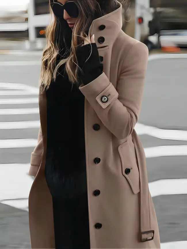 Manteau Long Pour Femme À Col Montant Élégant Et Polyvalent Avec Ceinture Et Doublure Chaude