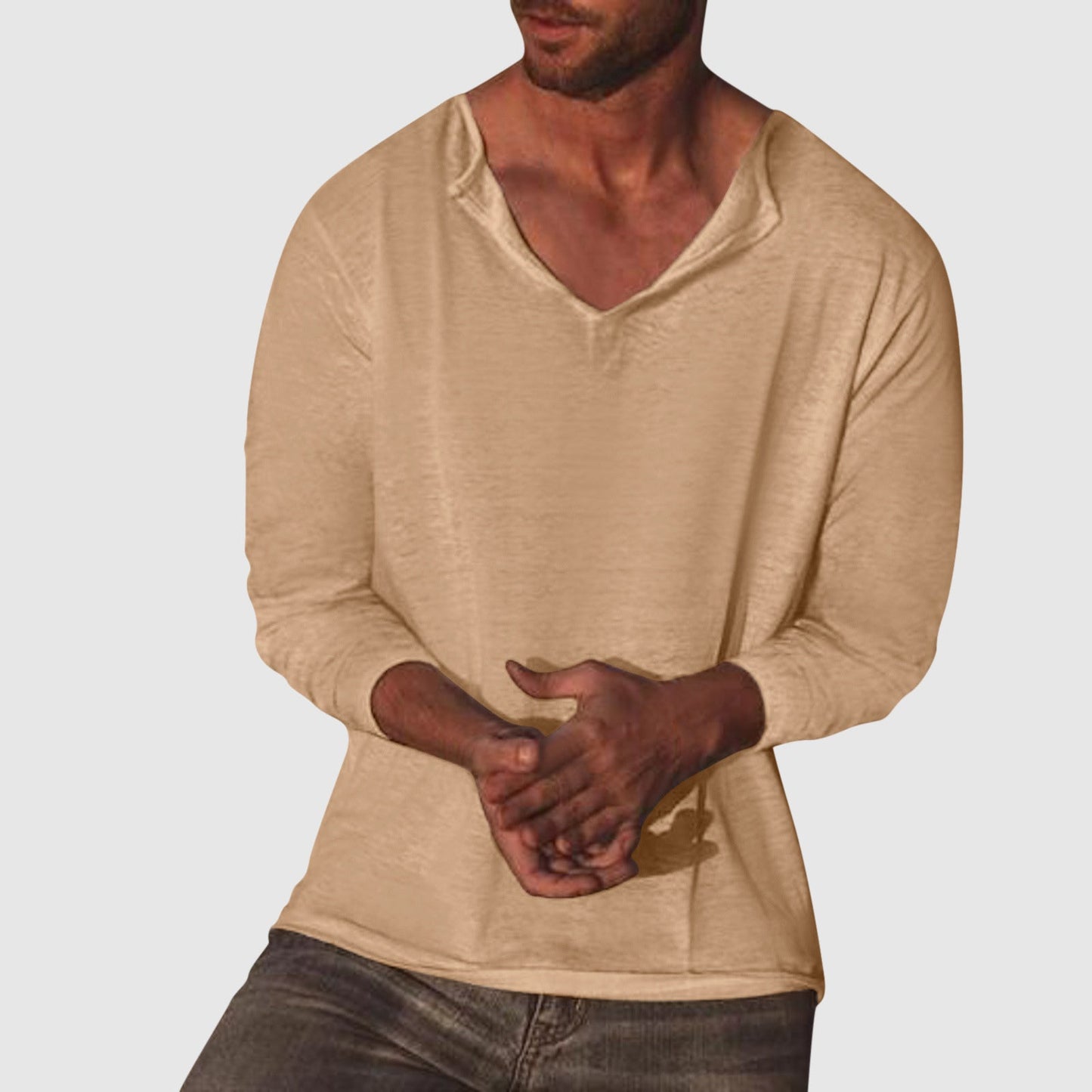 Chemise Lorenzo Vitali Essential Col V en Coton Lin, Manches Longues, Disponible en Quatre Couleurs