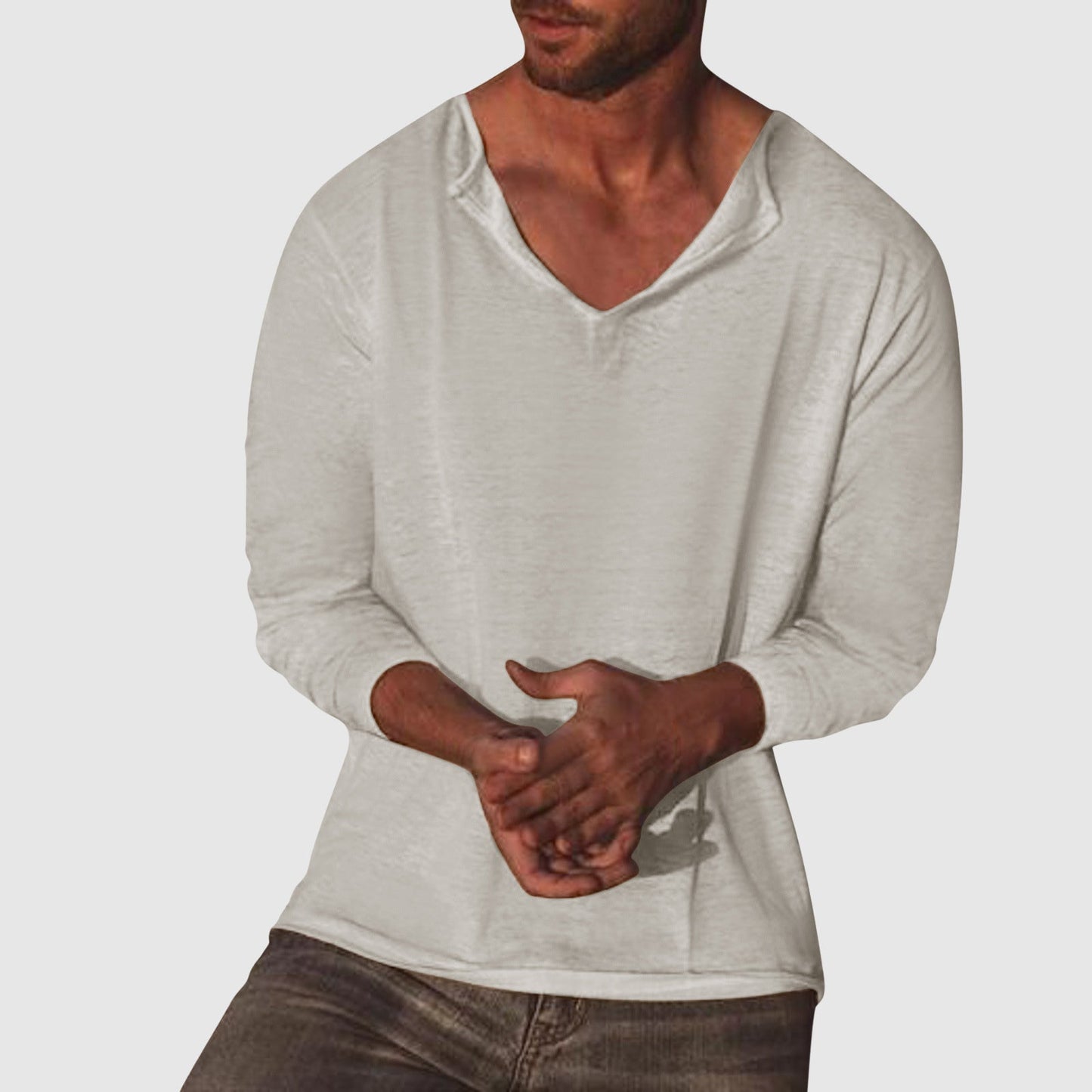 Chemise Lorenzo Vitali Essential Col V en Coton Lin, Manches Longues, Disponible en Quatre Couleurs