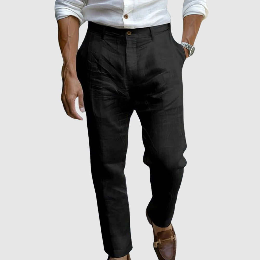 Pantalon Homme En Lin Marine Coupe Classique Jambe Droite Sans Pinces Léger Respirant