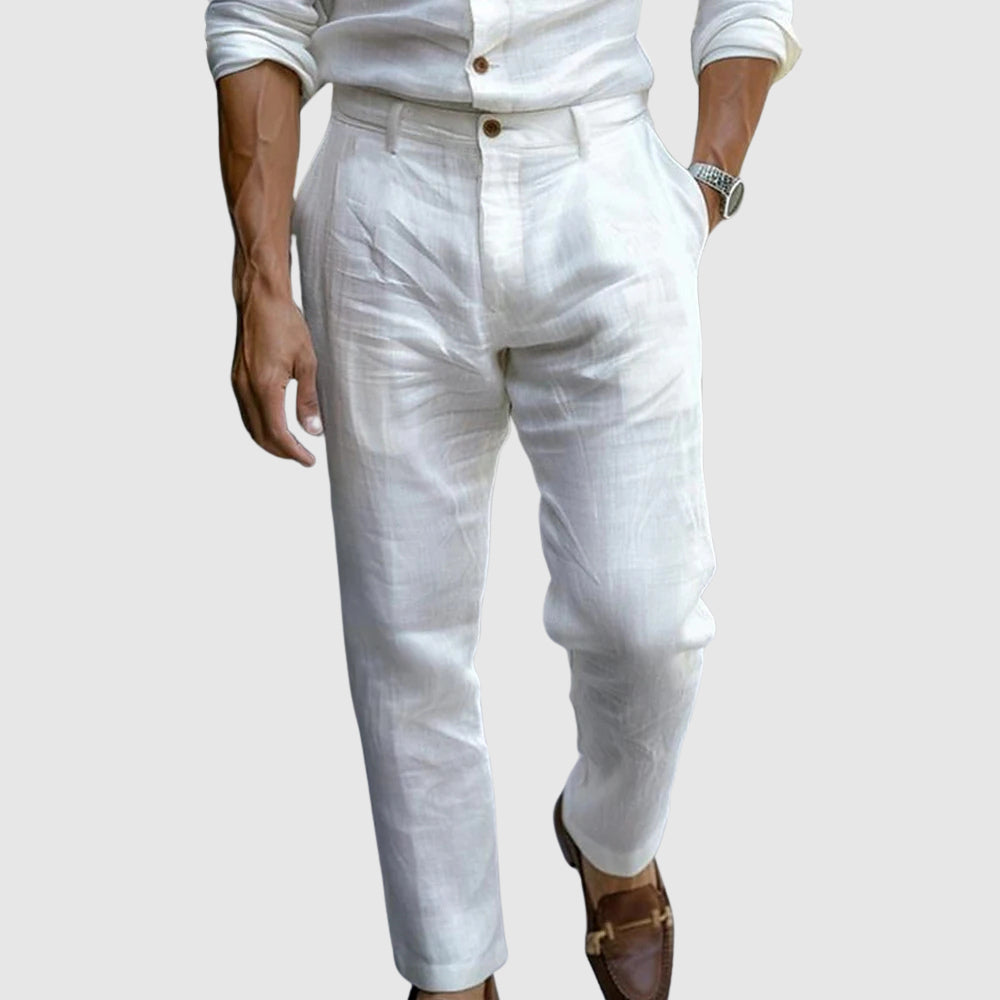 Pantalon Homme En Lin Marine Coupe Classique Jambe Droite Sans Pinces Léger Respirant