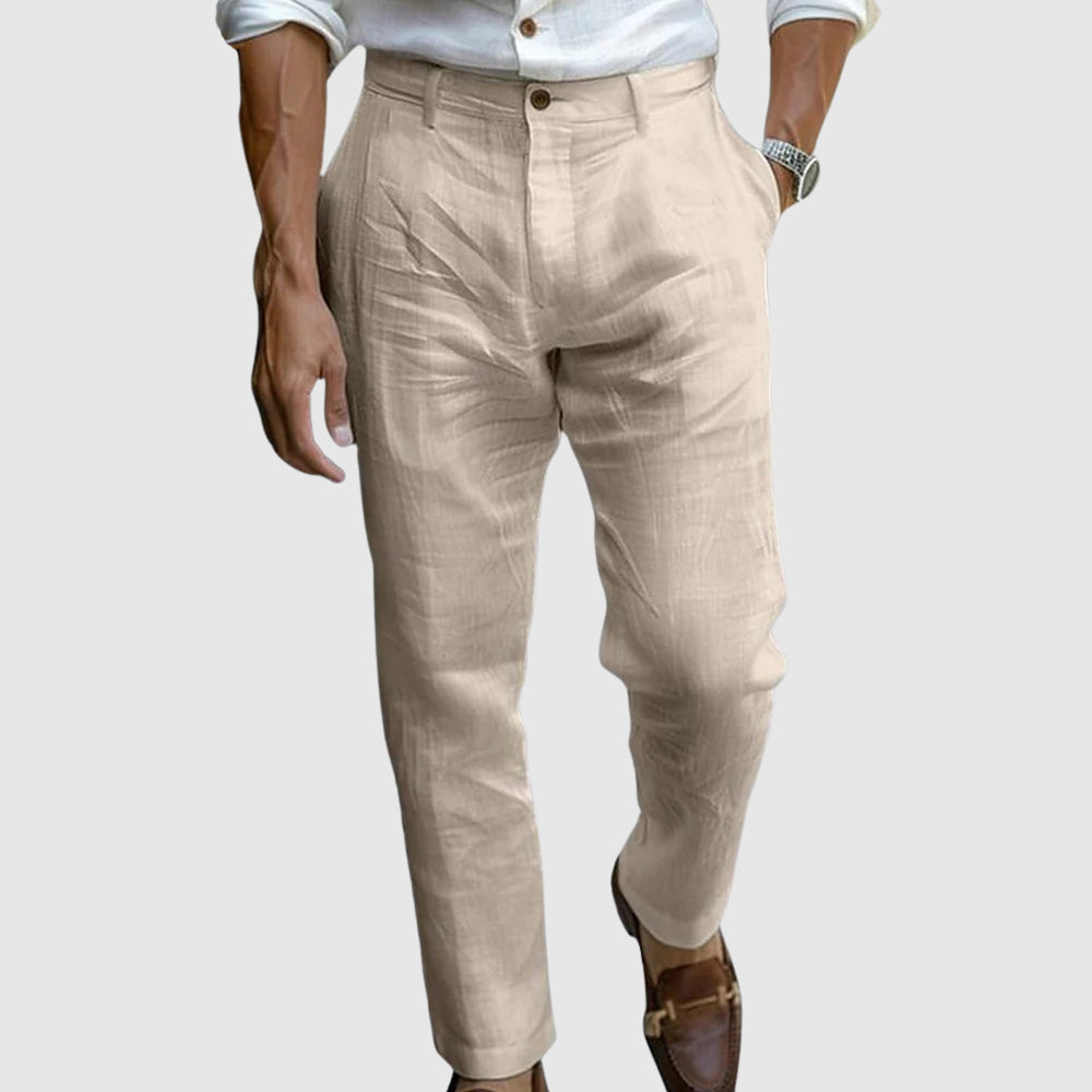 Pantalon Homme En Lin Marine Coupe Classique Jambe Droite Sans Pinces Léger Respirant