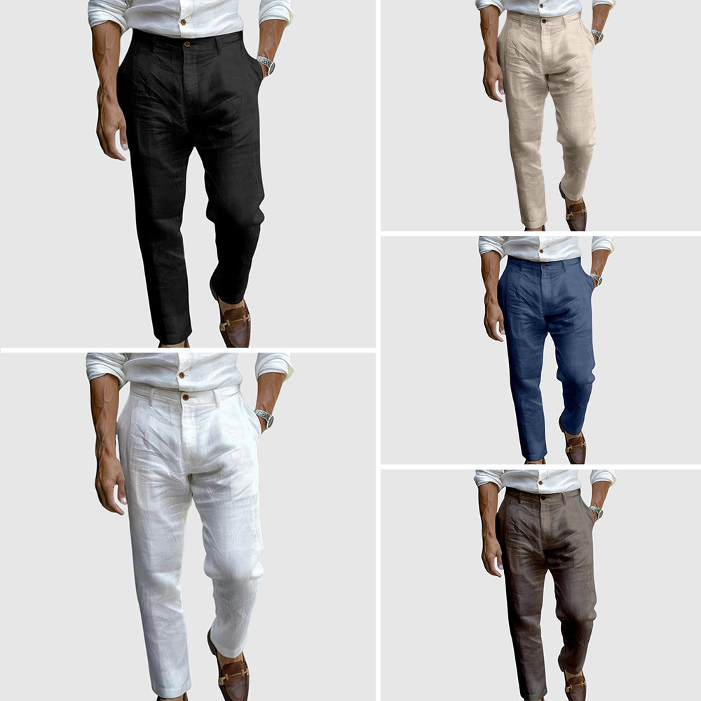 Pantalon Lin Luxe Lorenzo Vitali En Mélange Coton Lin Longueur Cheville Coupe Droite Fermeture Bouton