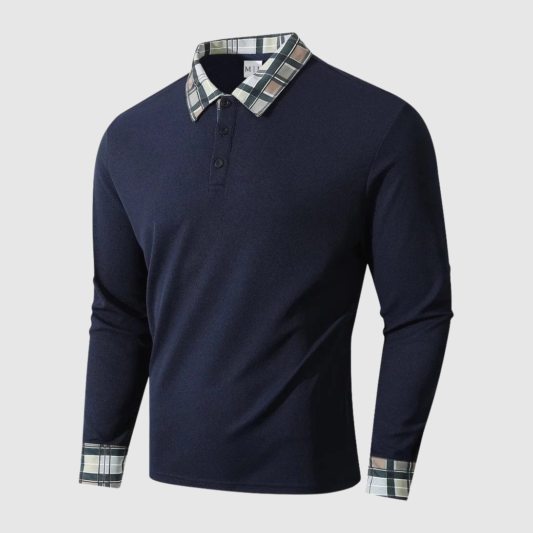 Polo Homme Manche Longue en Tricot Côtelé Col et Poignets à Carreaux Subtils Coupe Regular
