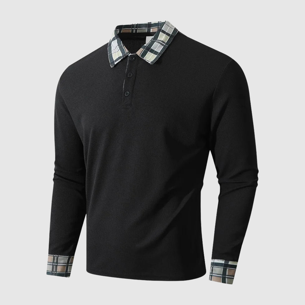 Polo Homme Manche Longue en Tricot Côtelé Col et Poignets à Carreaux Subtils Coupe Regular