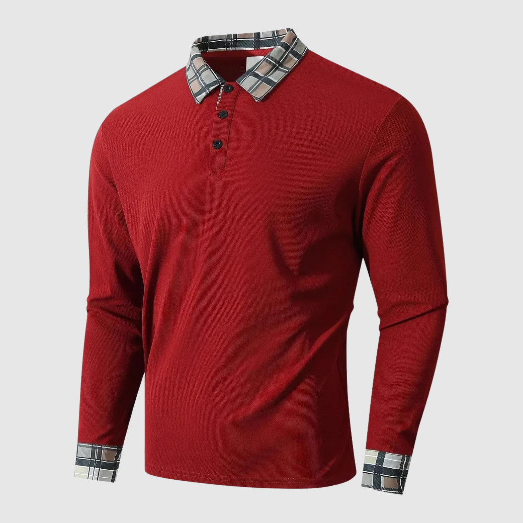 Polo Homme Manche Longue en Tricot Côtelé Col et Poignets à Carreaux Subtils Coupe Regular