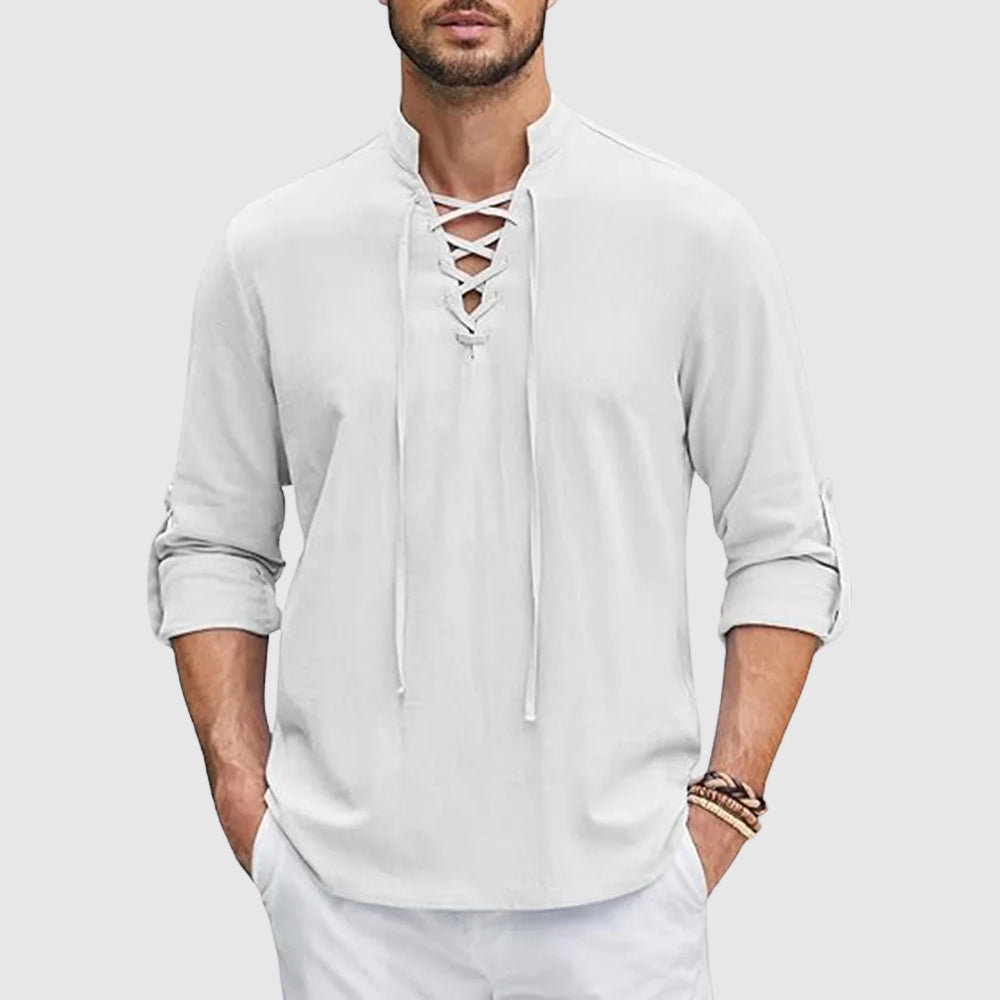 Chemise Lorenzo Vitali Valor En Lin Et Coton Avec Col En V Et Manches Retroussables Respirante