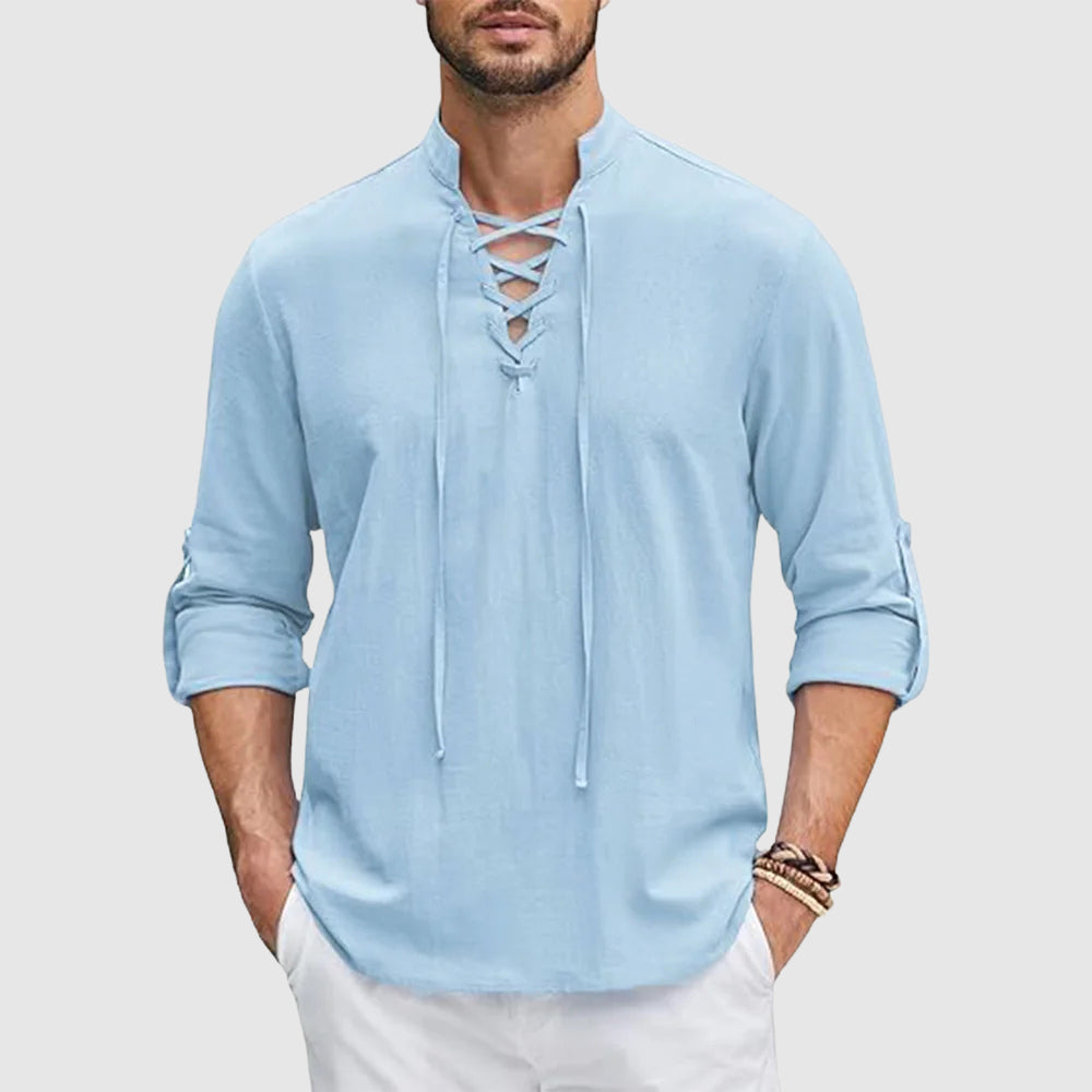Chemise Lorenzo Vitali Valor En Lin Et Coton Avec Col En V Et Manches Retroussables Respirante