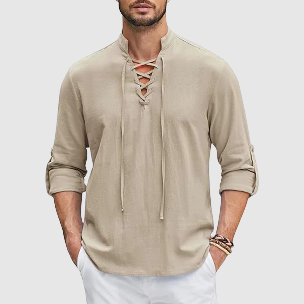 Chemise Lorenzo Vitali Valor En Lin Et Coton Avec Col En V Et Manches Retroussables Respirante