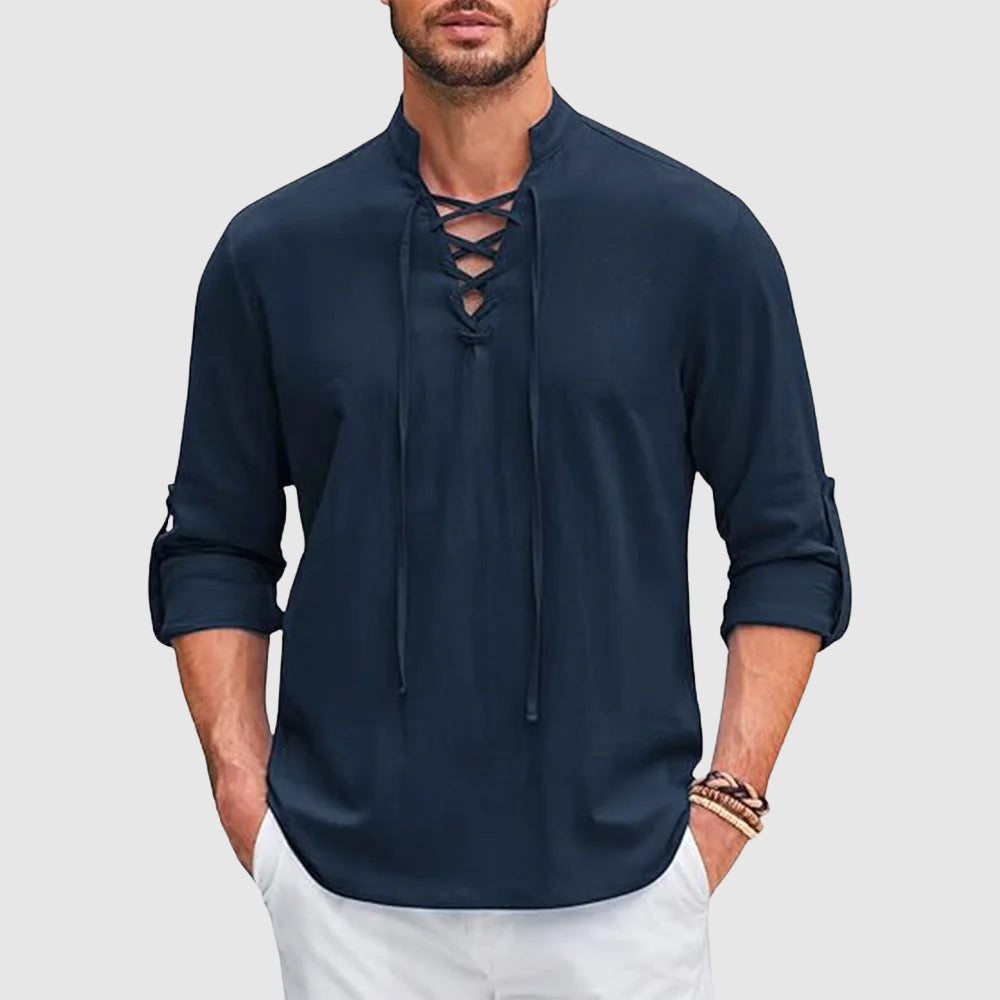 Chemise Lorenzo Vitali Valor En Lin Et Coton Avec Col En V Et Manches Retroussables Respirante