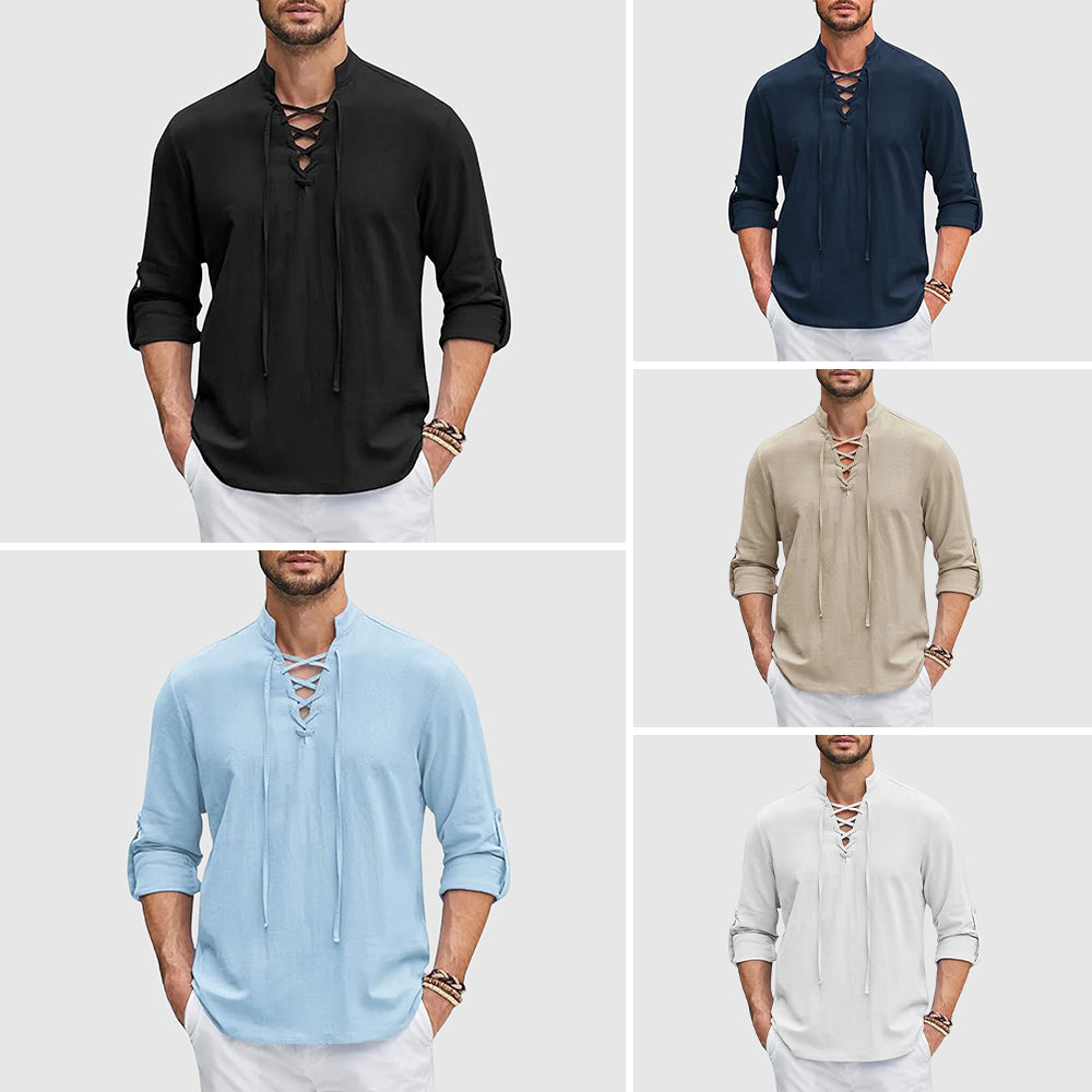 Chemise Lorenzo Vitali Valor En Lin Et Coton Avec Col En V Et Manches Retroussables Respirante