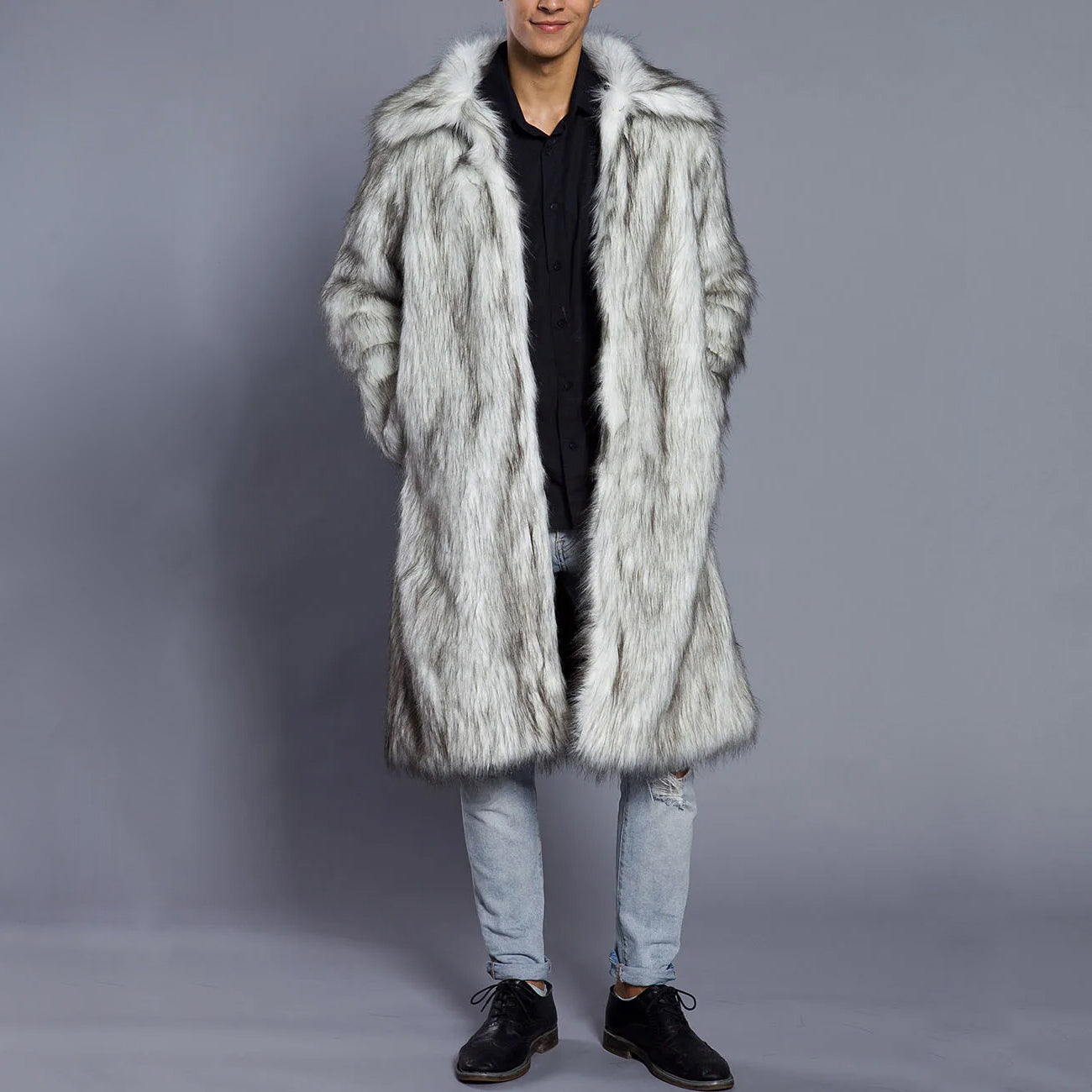 Manteau Homme Oversize En Fourrure Synthétique Longueur Totale Avec Col Volumineux Luxe Hiver