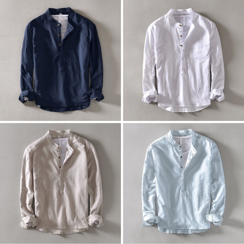Chemise En Lin Orvino De Lorenzo Vitali Col Montant Boutonnage Partiel Mélange Lin Coton Drapé Naturel Et Froissé
