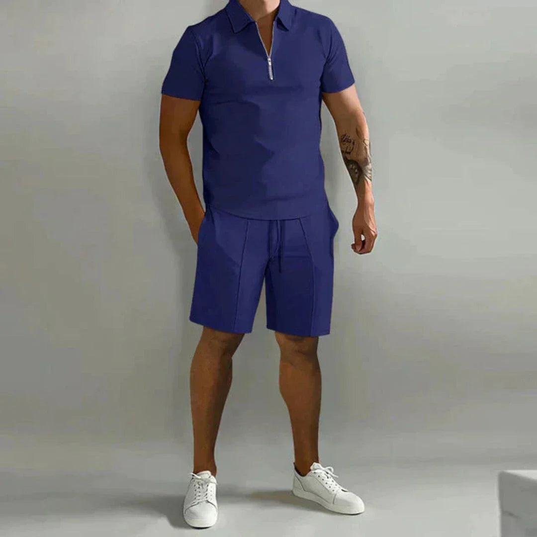 Luca Zip Polo Et Short Set Pour Homme En Tissu Coton Mélangé Respirant Avec Col Zip Confortable