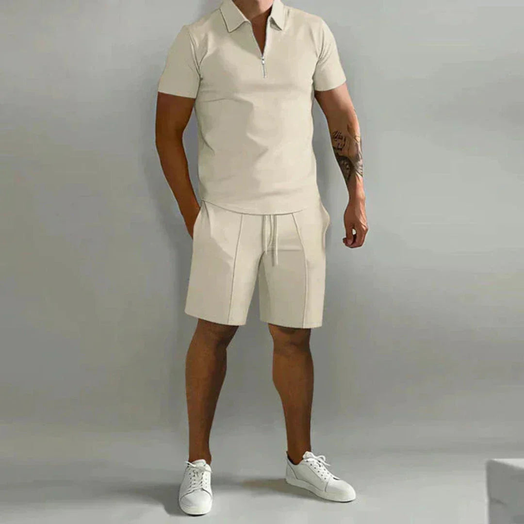 Luca Zip Polo Et Short Set Pour Homme En Tissu Coton Mélangé Respirant Avec Col Zip Confortable
